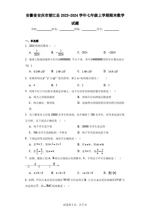 安徽省安庆市宿松县2023-2024学年七年级上学期期末数学试题