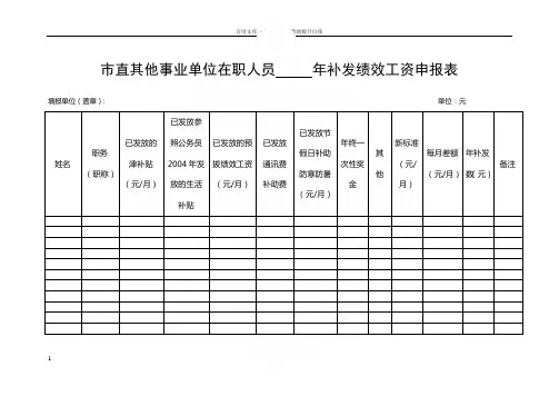 直其他事业单位在职人员年补发绩效工资申报表