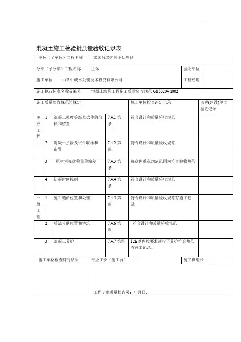 混凝土施工检验批质量验收记录表