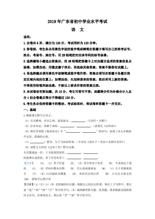 【真题】2019年广东省中考语文试题(解析版)