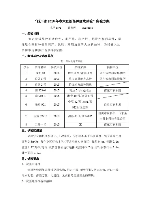 四川省2016年春大豆新品种区域试验