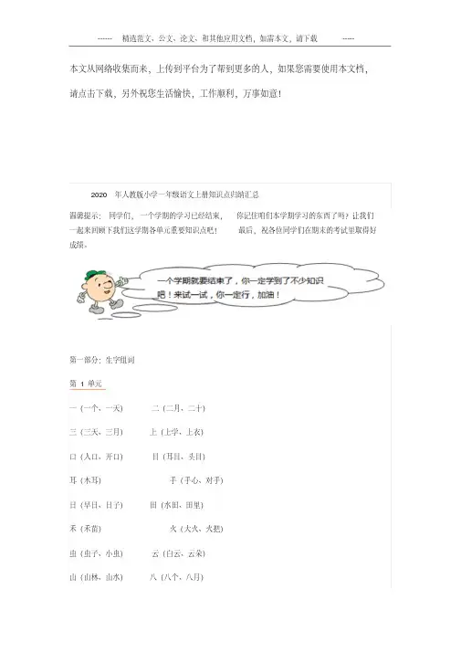 2020年人教版小学一年级语文上册知识点归纳汇总