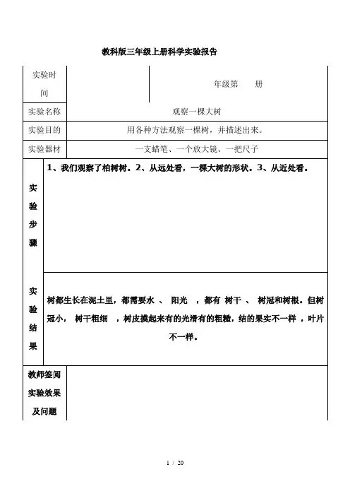 教科新版三年级上册科学学生实验报告(全册)最