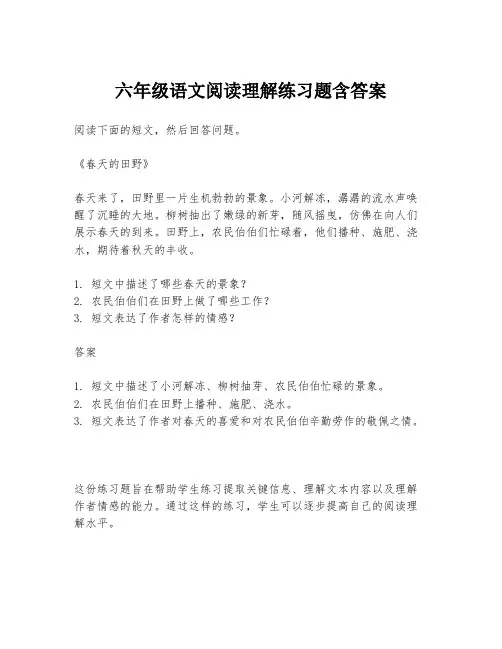 六年级语文阅读理解练习题含答案