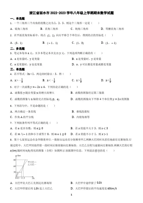 浙江省丽水市2022-2023学年八年级上学期期末数学试题(含答案)