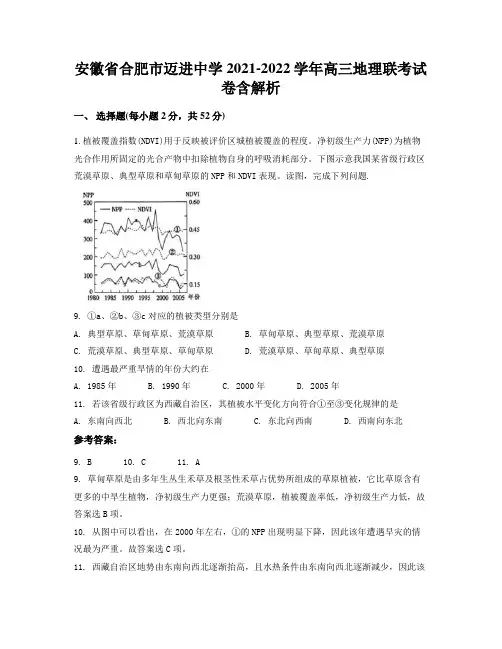 安徽省合肥市迈进中学2021-2022学年高三地理联考试卷含解析