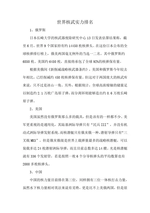 世界核武实力排名