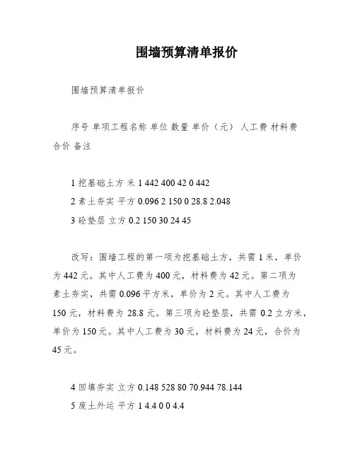 围墙预算清单报价