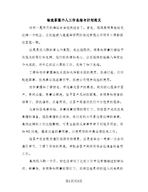 物流客服个人工作总结与计划范文（2篇）