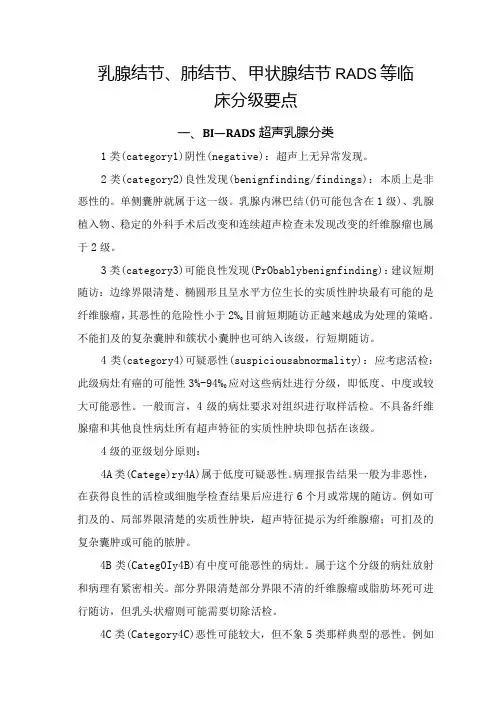 乳腺结节、肺结节、甲状腺结节RADS等临床分级要点