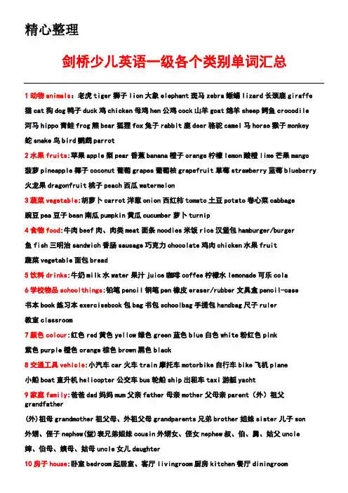 剑桥少儿英语一级各个类别单词汇总