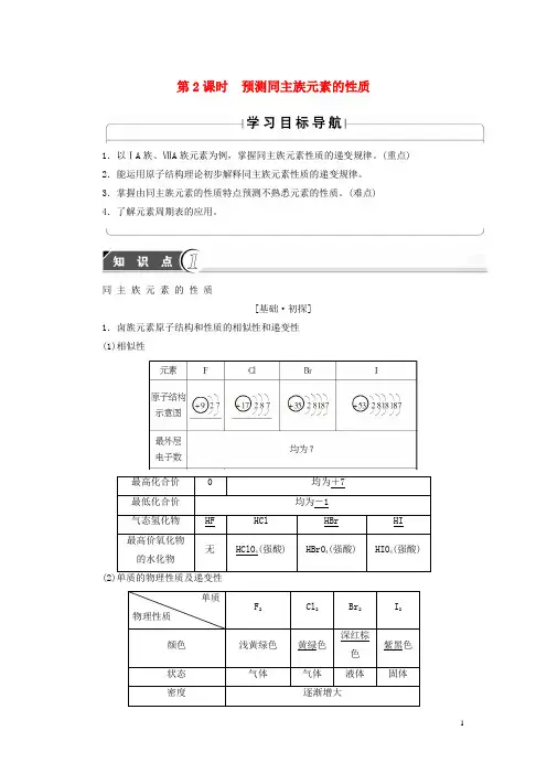 高中化学第1章原子结构与元素周期律第3节元素周期表的应用(第2课时)预测同主族元素的性质学案鲁科版必修2