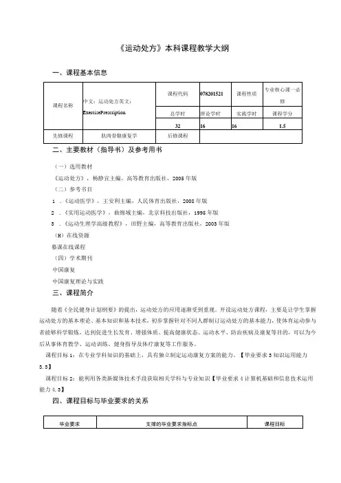 运动康复专业《运动处方》教学大纲