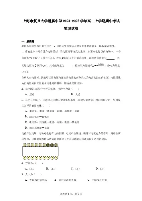 上海市复旦大学附属中学2024-2025学年高二上学期期中考试物理试卷