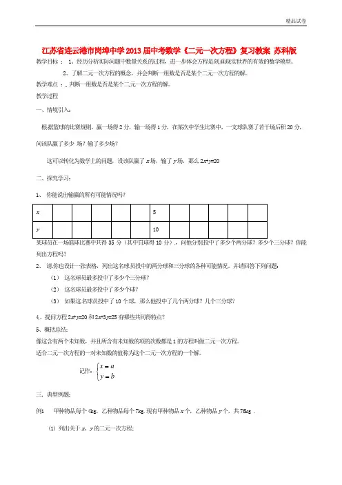 江苏省连云港市岗埠中学2013届中考数学《二元一次方程》复习教案 苏科版