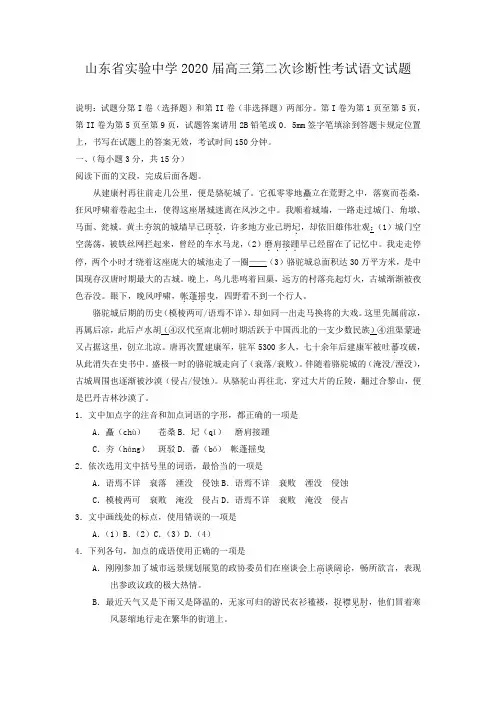 (审核版)山东省实验中学2020届高三第二次诊断性考试语文试题(含答案解析).doc