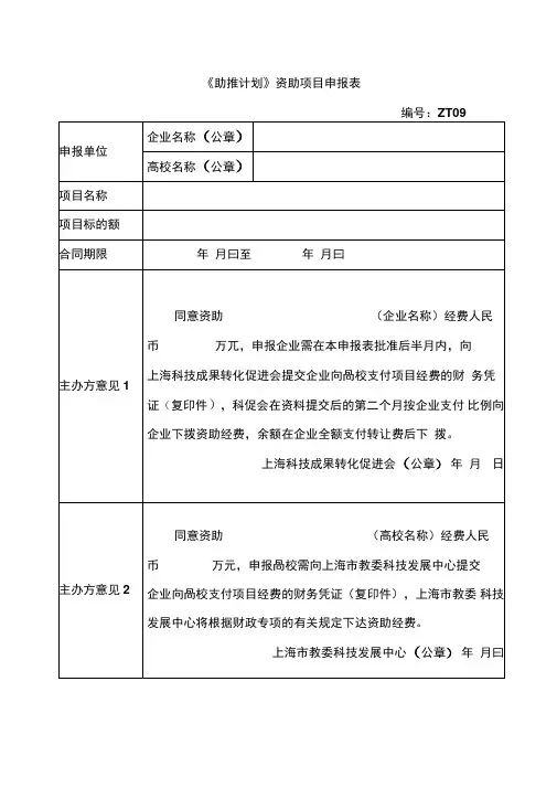 资助项目申报表