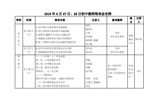 2019年8月27日、28日初中教师培训会安排.doc