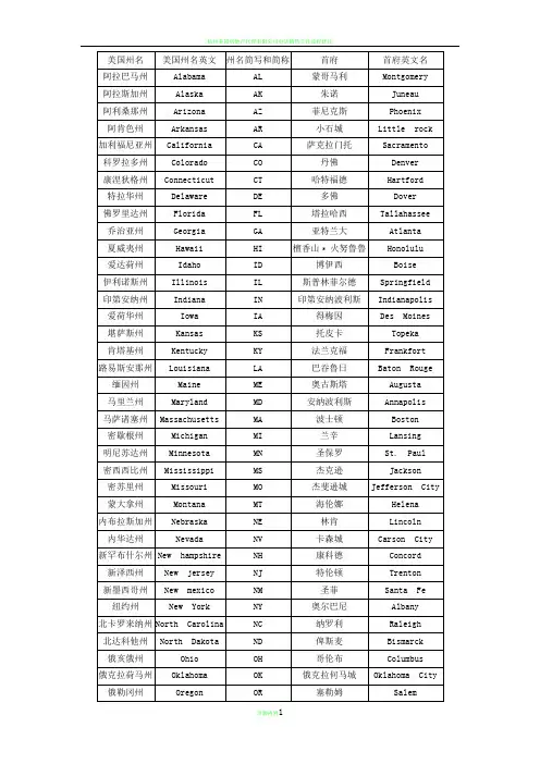 美国50个州名中英文对照