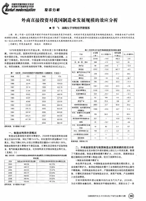 外商直接投资对我国制造业发展规模的效应分析