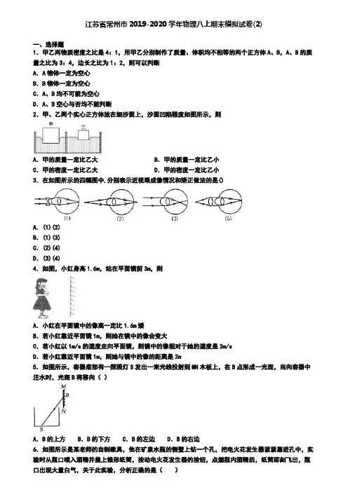 江苏省常州市2019-2020学年物理八上期末模拟试卷(2)