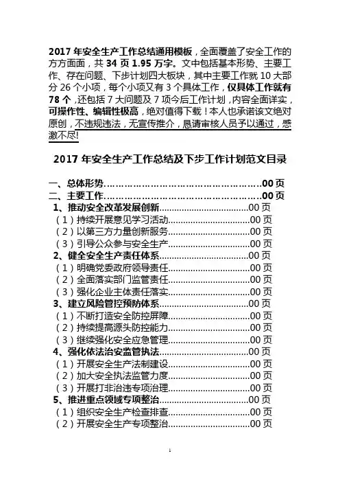 2017年上半年安全生产工作总结及下步计划范文(安全生产工作情况汇报 2017年安全生产工作总结 通用模板)