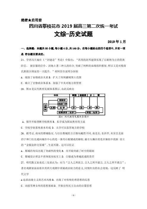 2019年1月四川省攀枝花市2019届高三第二次统一考试文综历史试题及答案