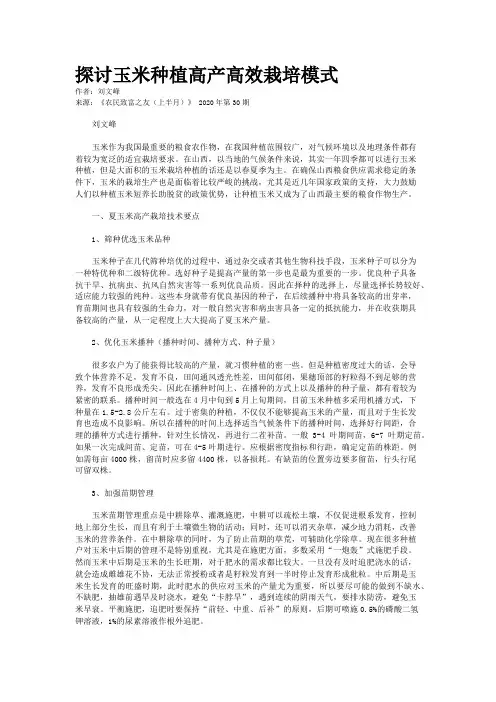 探讨玉米种植高产高效栽培模式