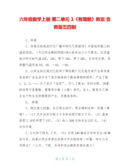 六年级数学上册 第二单元 1《有理数》教案 鲁教版五四制