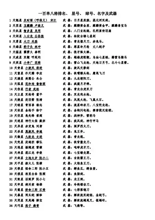 水浒传108将星号、绰号名字、排名及武器