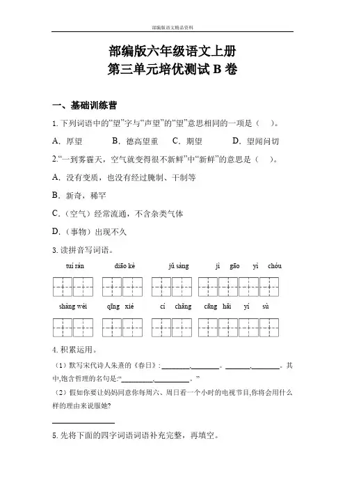 部编版人教版六年级语文上册试题-第三单元培优B卷(含答案)人教部编版