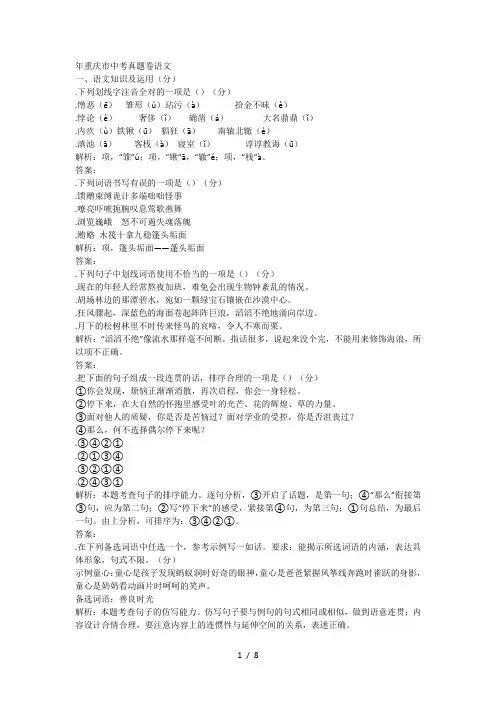 2018年市中考真题b卷语文