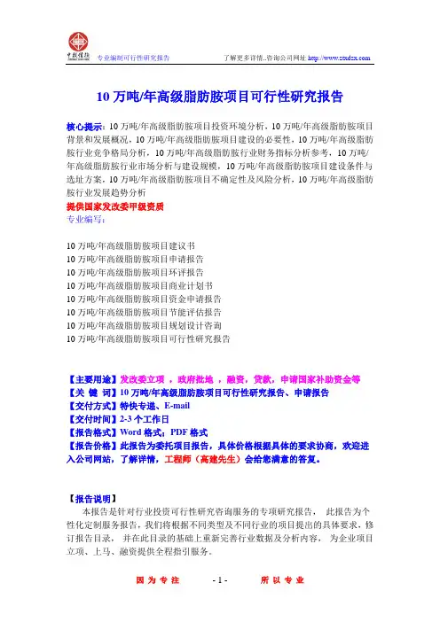 10万吨 年高级脂肪胺项目可行性研究报告