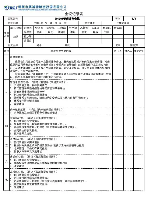 201301管理评审会议记录
