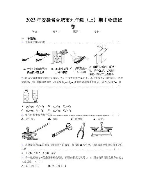 最新2023年安徽省合肥市九年级(上)期中物理试卷及解析