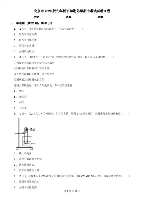 北京市2020版九年级下学期化学期中考试试卷D卷