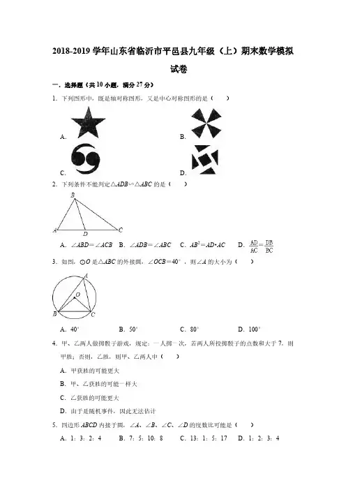 山东省临沂市平邑县2018-2019学年九年级数学上学期期末模拟试卷(pdf)