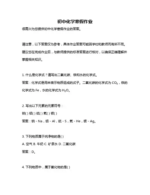 初中化学寒假作业