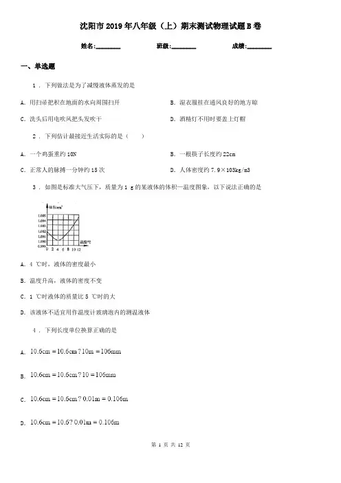 沈阳市2019年八年级(上)期末测试物理试题B卷