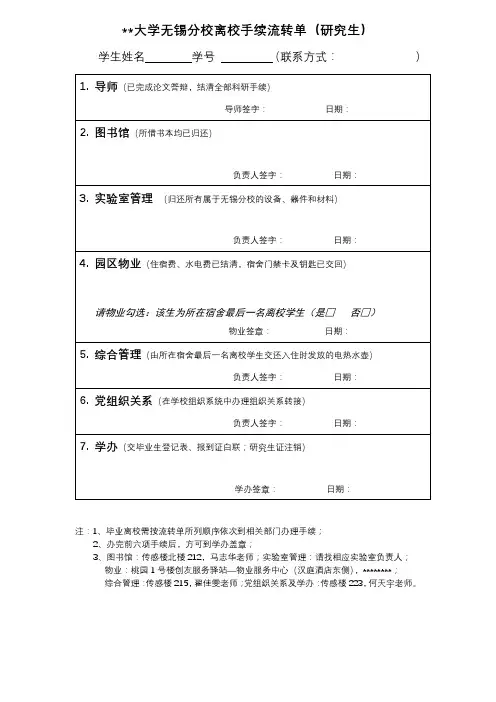 东南大学无锡分校离校手续流转单(研究生)【模板】