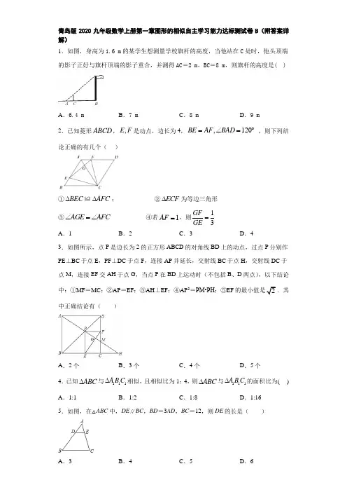 青岛版2020九年级数学上册第一章图形的相似自主学习能力达标测试卷B(附答案详解)