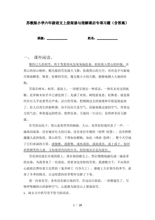 苏教版小学六年级语文上册阅读与理解课后专项习题(含答案)