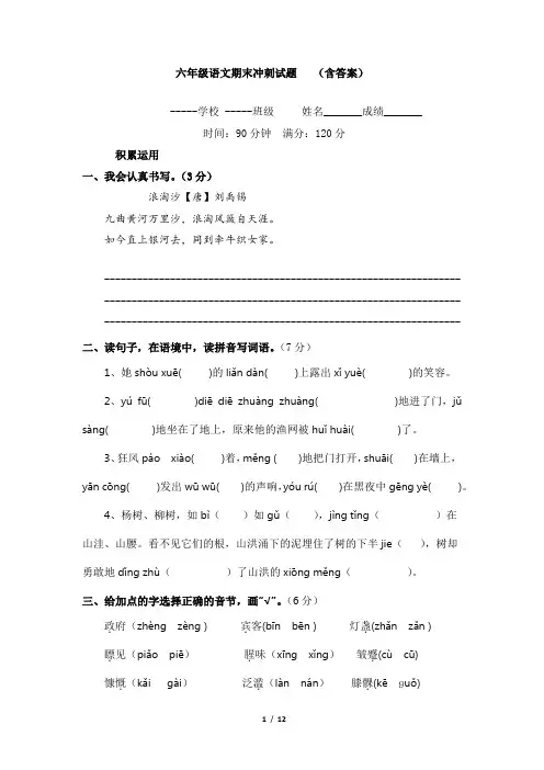 六年级语文期末冲刺试题   (含答案)