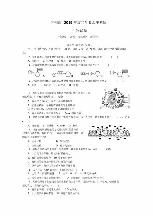 苏州市2018年高二学业水平测试生物试卷及答案_5799