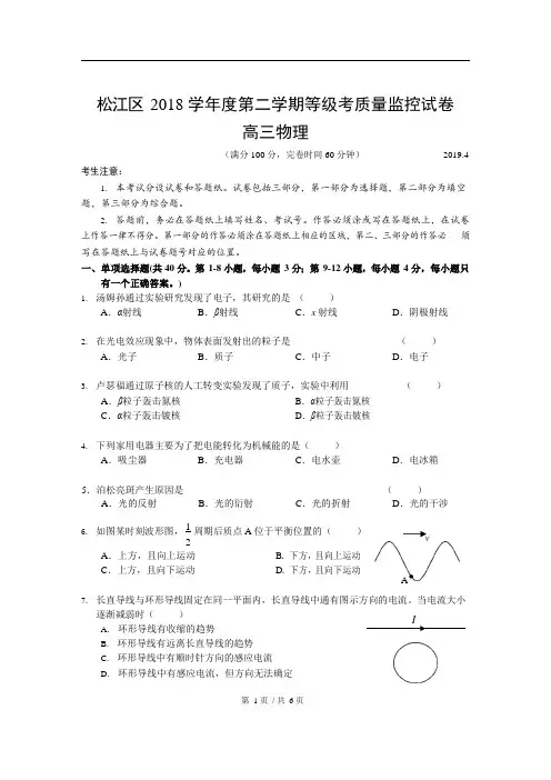 2019届上海市松江区高考物理二模试题