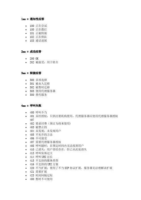 sip错误代码报告