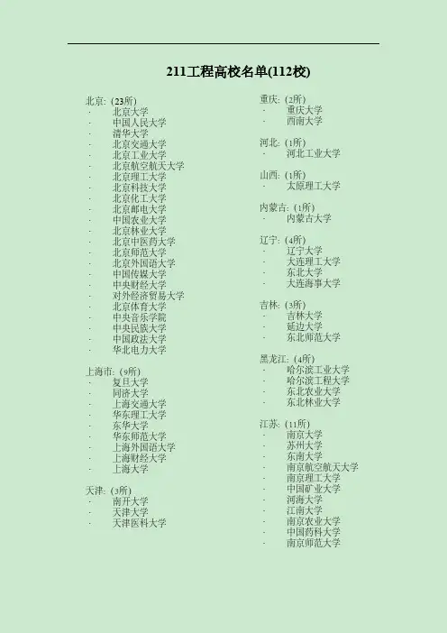 211工程高校名单(112校)完美打印版