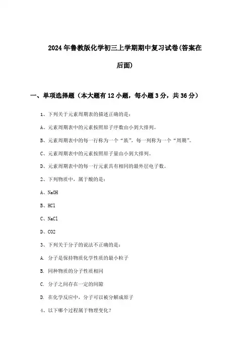 鲁教版化学初三上学期期中试卷及解答参考(2024年)