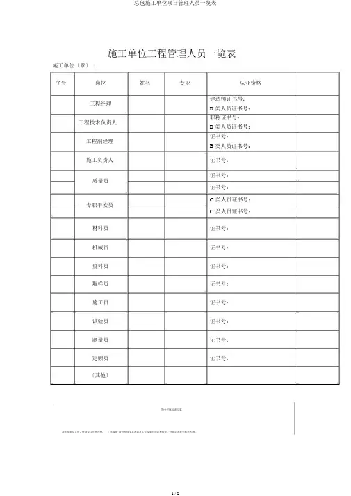 总包施工单位项目管理人员一览表