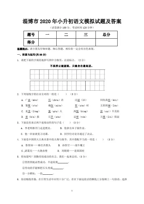 淄博市2020年小升初语文模拟试题及答案